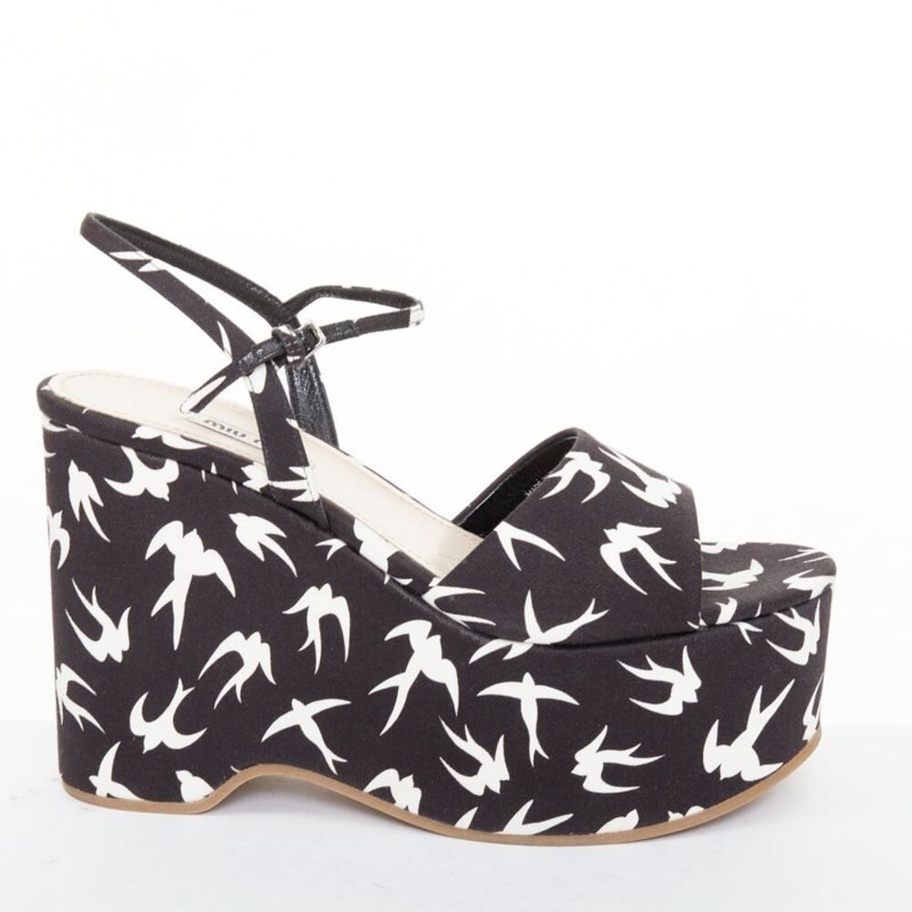 Miu Miu 2010 Blue Swallow Print Wedge Heels